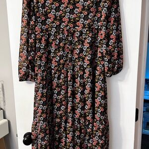 LOFT Black Floral Dress with Yellow and Red Accents